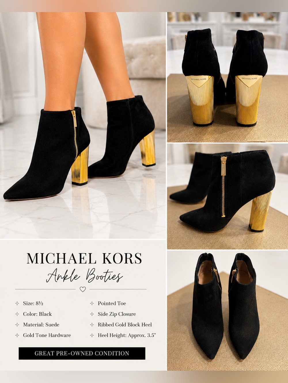 Michael Kors Black Suede Ankle Booties with Ribbed Gold Block Heel